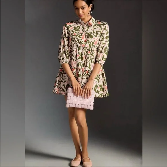 Anthropologie Maeve Bettina Tiered Mini Shirt Dress Orange/Pink Cotton XS - Picture 10 of 10